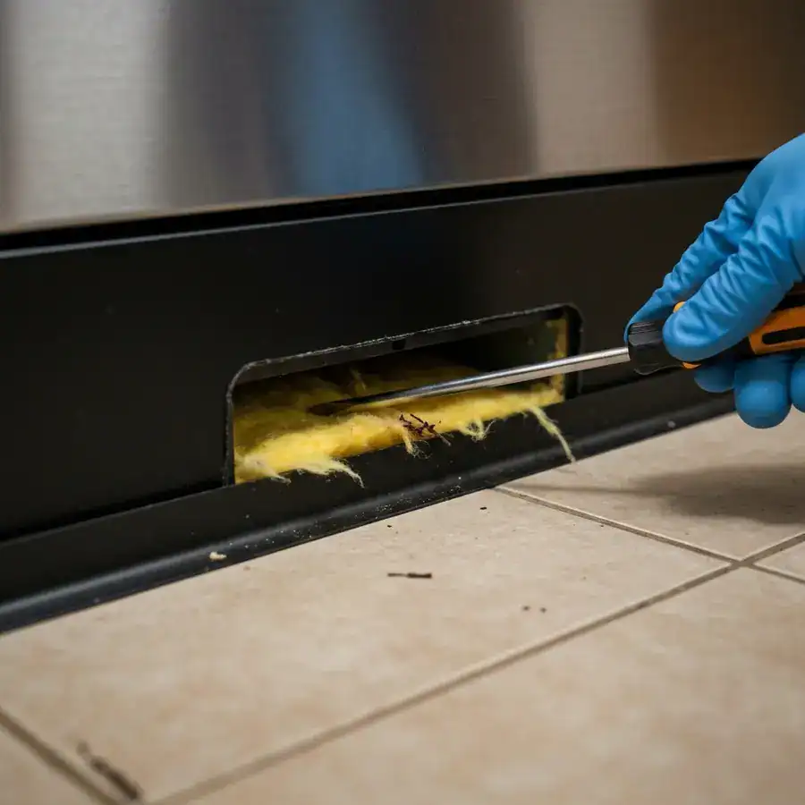 Close-up of a gloved hand prying open a dishwasher kickplate to reveal hidden pests in the dark mechanical void.