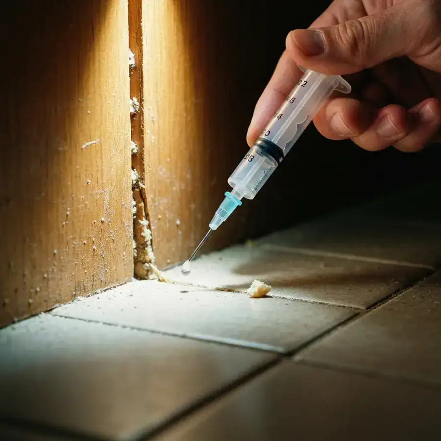 Hand applying professional ant gel into a baseboard crack on a dusty kitchen floor.