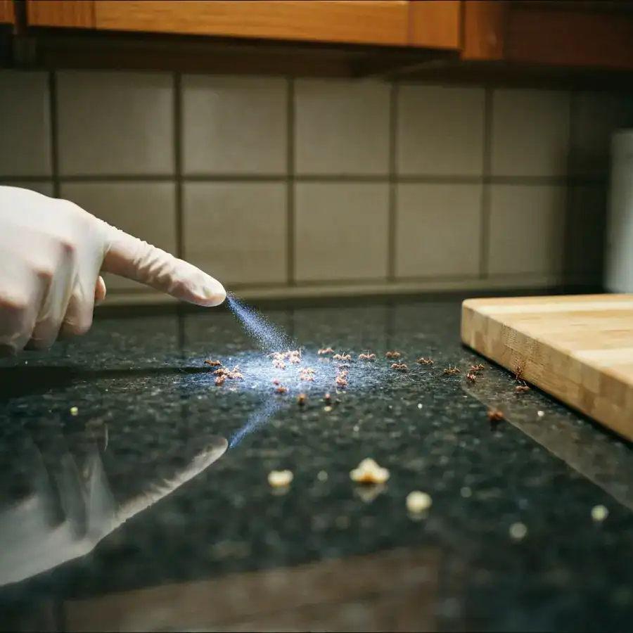 Close-up of a gloved hand pointing at sugar ants on a kitchen backsplash with oily chemical spray residue.