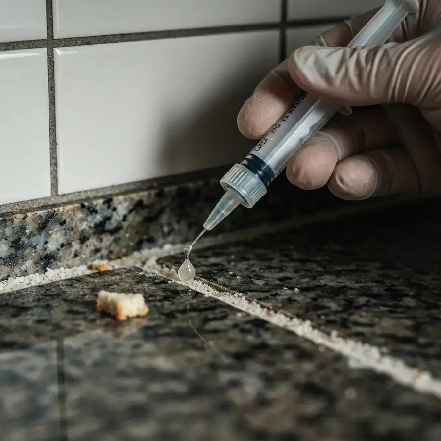 Gloved hand applying translucent ant gel into a kitchen counter crevice near grout lines and crumbs.