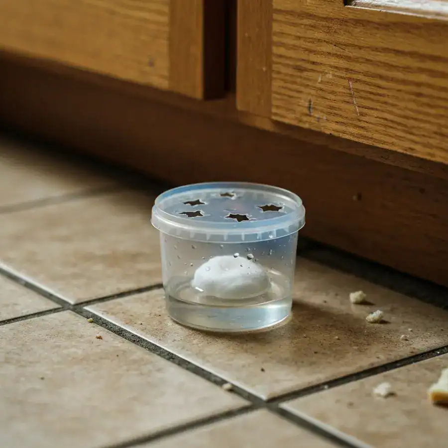 Close-up of a plastic bait container with punched holes on a tiled kitchen floor near a scuffed cabinet base.