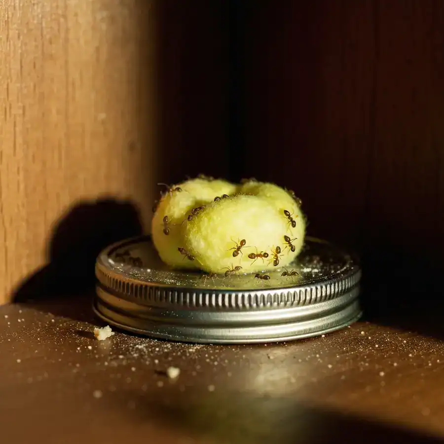Close-up of a soaked cotton ball on a metal lid inside a dark pantry corner, attracting several small sugar ants.