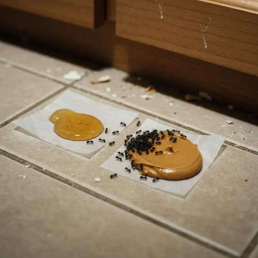 Ants swarming a dab of peanut butter on wax paper next to a drop of honey on a textured kitchen floor.