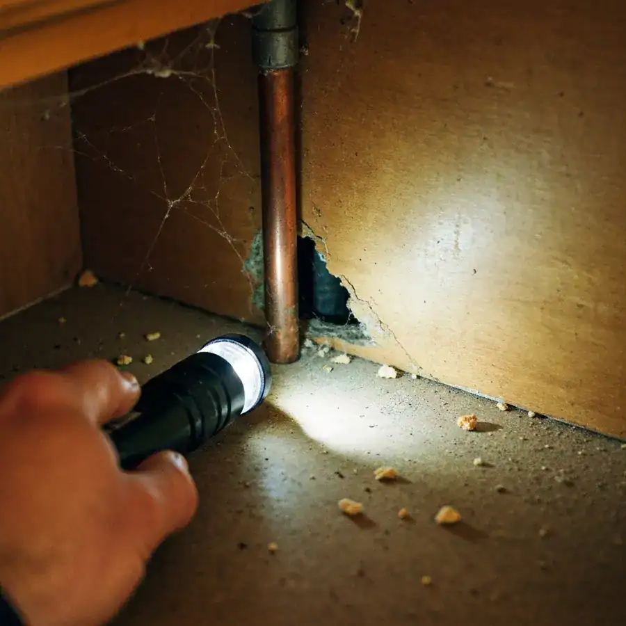 Flashlight illuminating a gap around a copper pipe inside a dusty kitchen cabinet to identify ant entry points.
