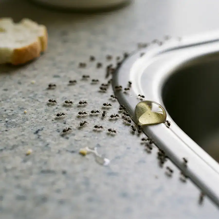 Close-up of tiny sugar ants trailing across a granite countertop toward a spill near a kitchen sink.
