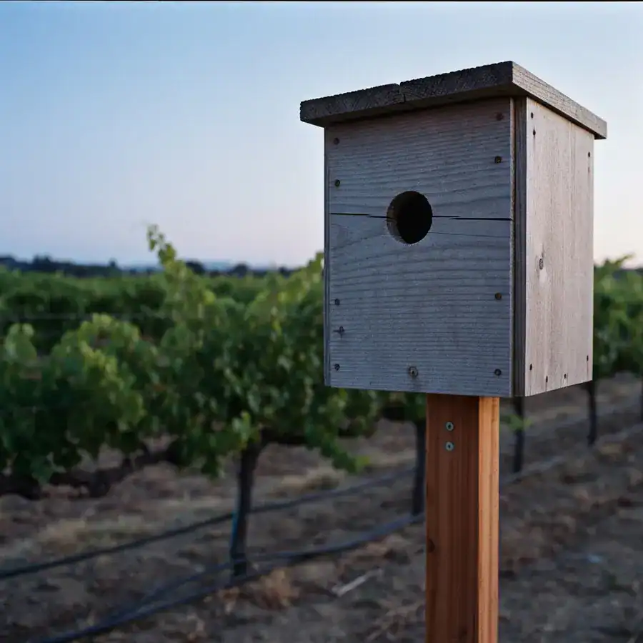 Weathered wooden barn owl box mounted on a tall pole overlooking a California vineyard at twilight.