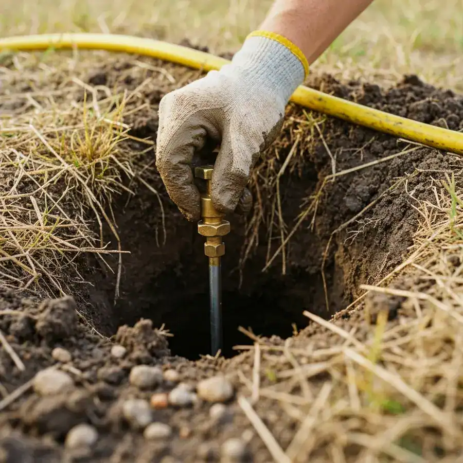Gloved hand adjusting a CO2 injector valve inside a dirt gopher mound in a vineyard.