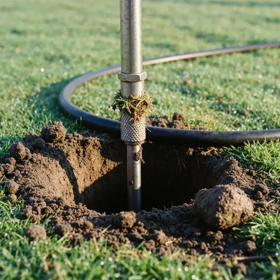 Metal CO2 probe being inserted into a fresh gopher hole on a damp lawn during professional pest treatment.