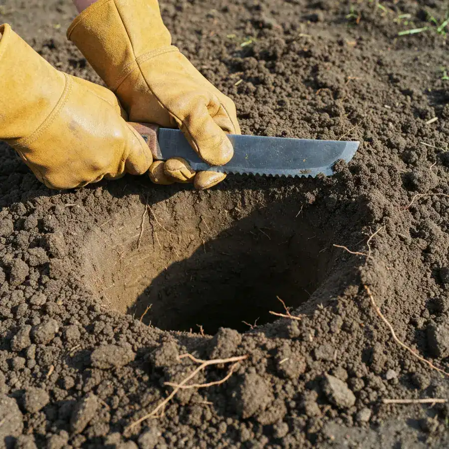 Leather-gloved hands using a hori-hori knife to excavate a gopher tunnel in damp residential garden soil.