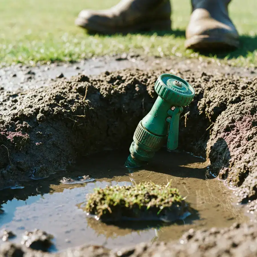 Garden hose nozzle submerged in a muddy gopher hole with water pooling on a ruined lawn.
