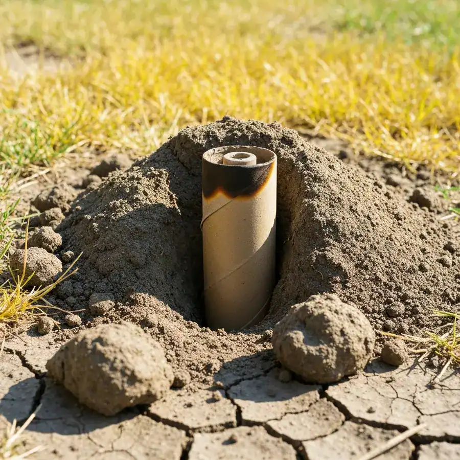 Scorched gas cartridge half-buried by a fresh mound of dirt in a parched, cracked backyard lawn.