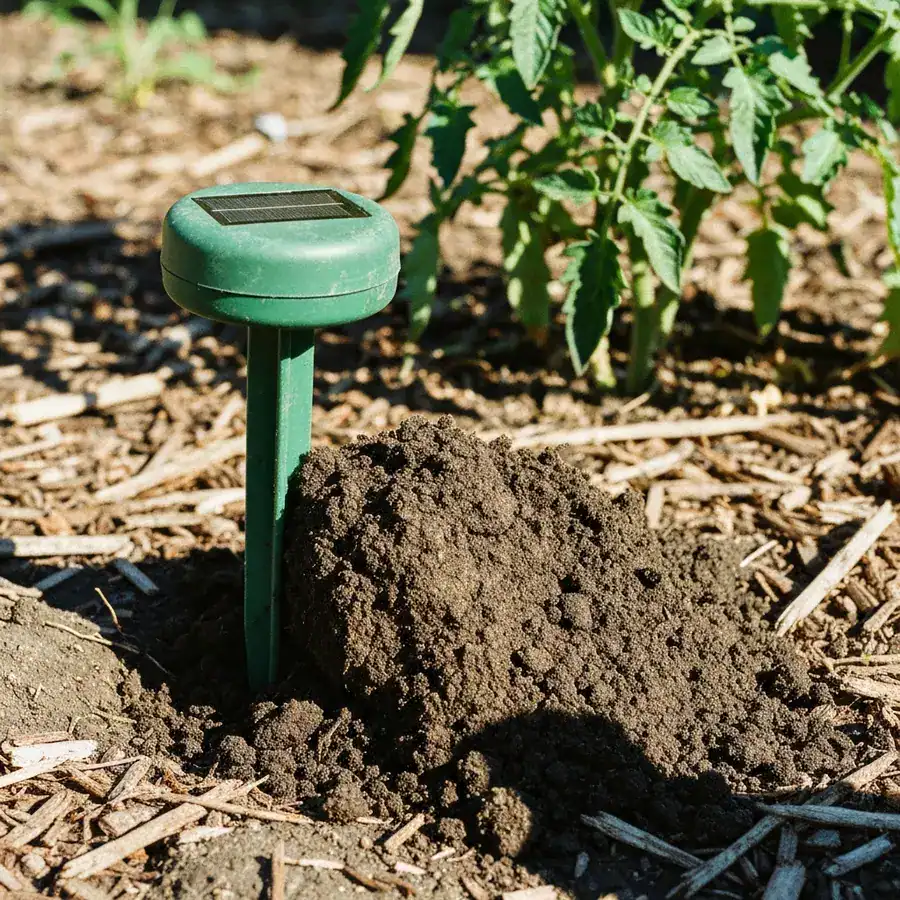 Solar sonic spike stake with a fresh gopher mound excavated directly at its base in a residential garden bed.