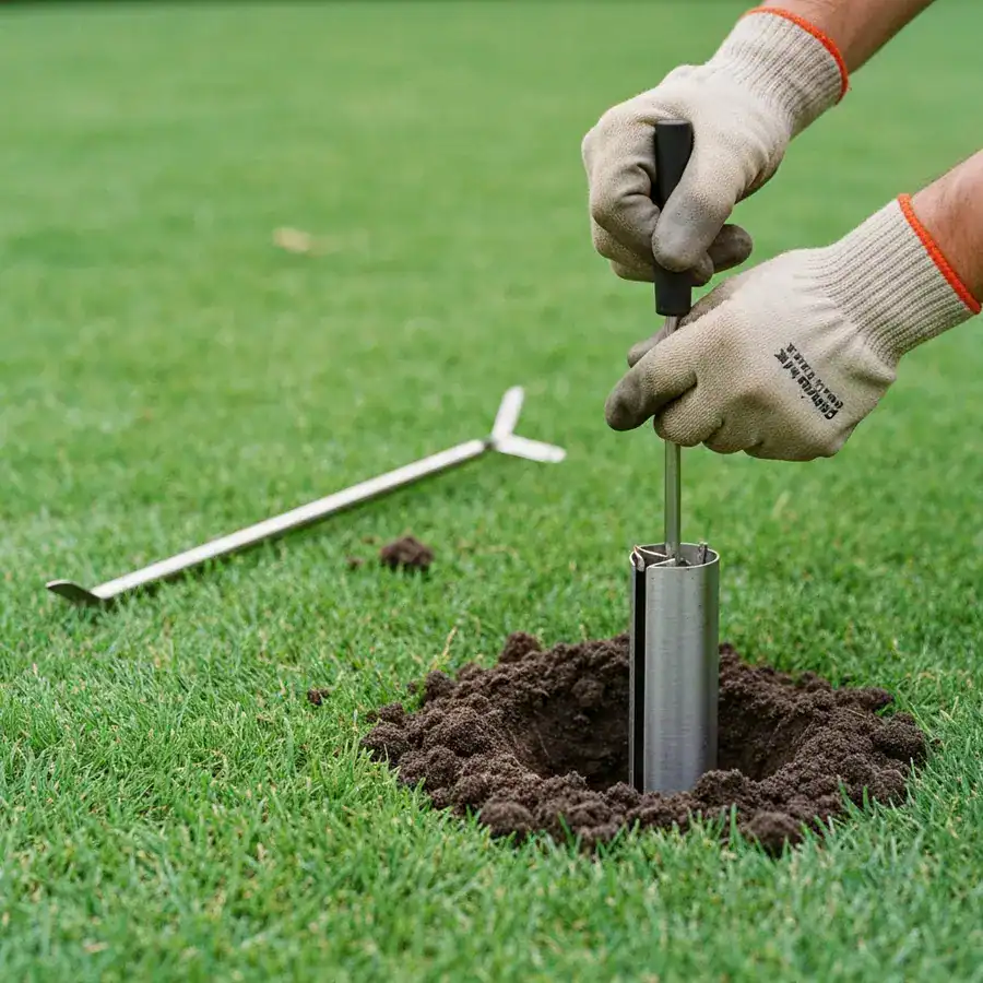 Gloved hands pushing a cylindrical GopherHawk trap into a small hole in a manicured lawn for pest control.
