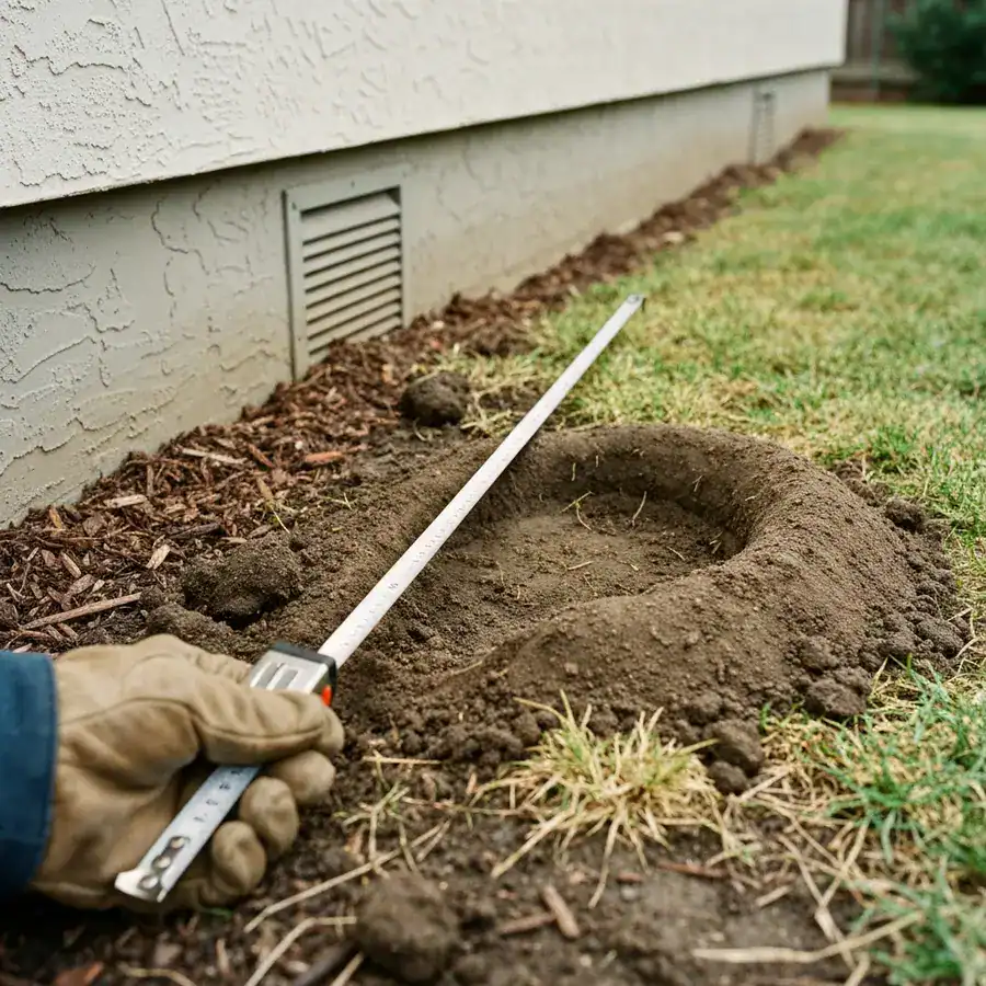 Gloved hand using a measuring tape to check the distance between a residential wall and a fresh gopher mound in a backyard.