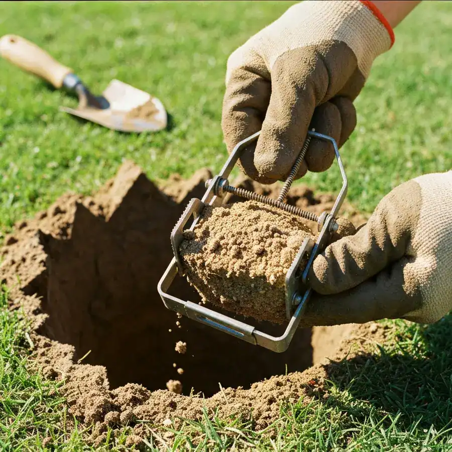 Close-up of a soil-clogged metal trap held by gloved hands over a shallow gopher hole in a grassy lawn.