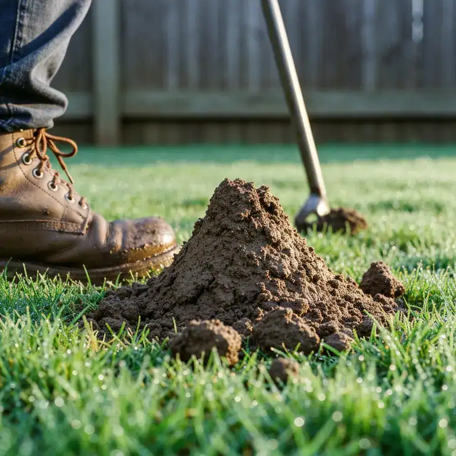 Close-up of a fresh, moist gopher mound being inspected by a technician's boot on a damp spring lawn.