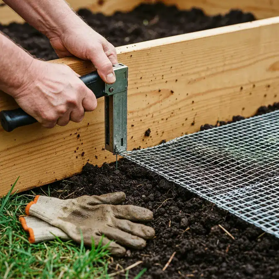 Close-up of gopher wire being stapled to a wooden raised bed frame over dark garden soil.