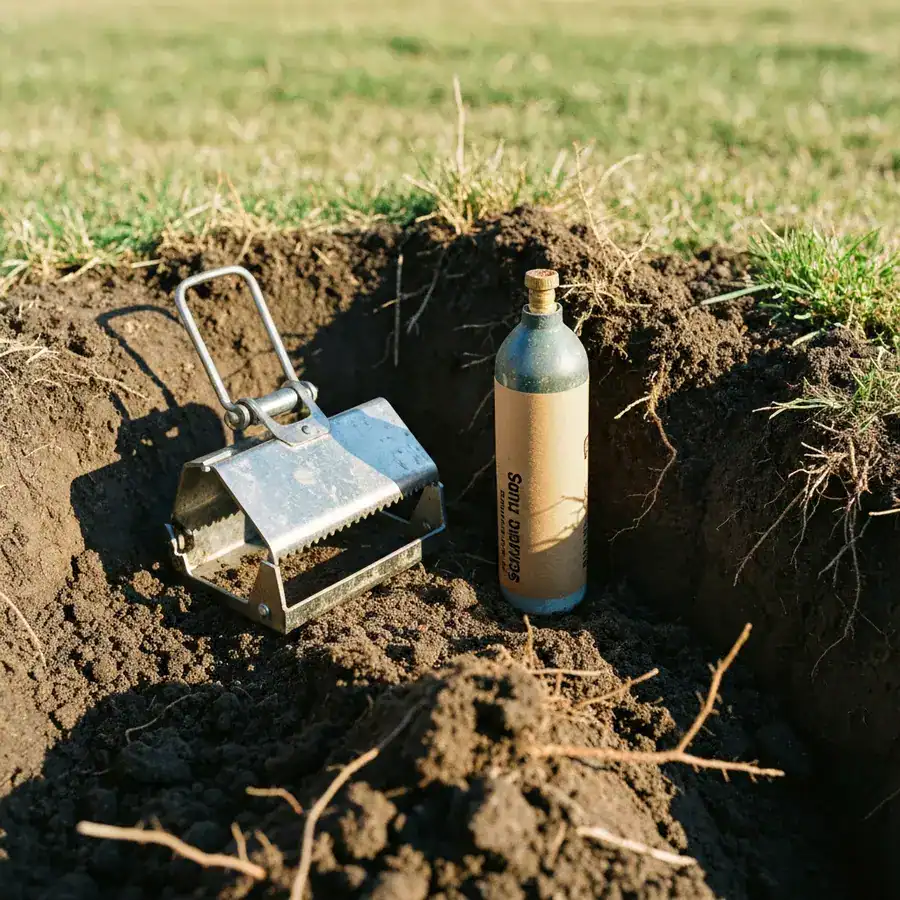 Close-up of a steel trap and gas cartridge resting on freshly dug soil at the edge of a gopher burrow.