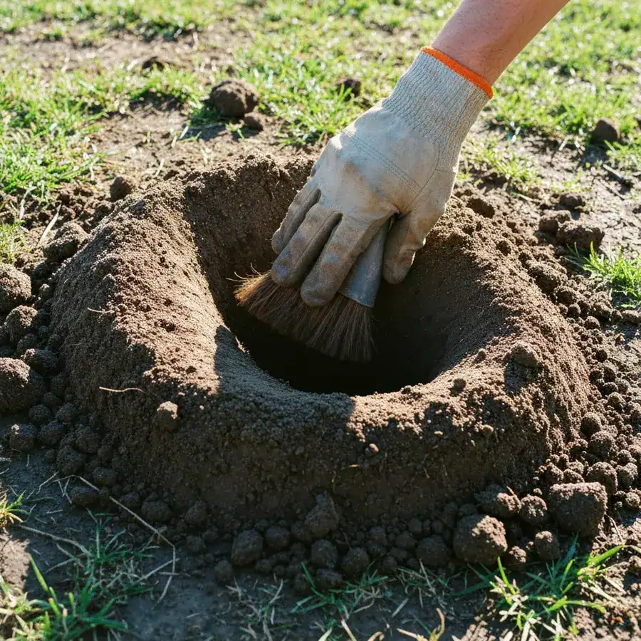 Gloved hand clearing loose soil from a crescent-shaped gopher mound to reveal a lateral tunnel entrance.