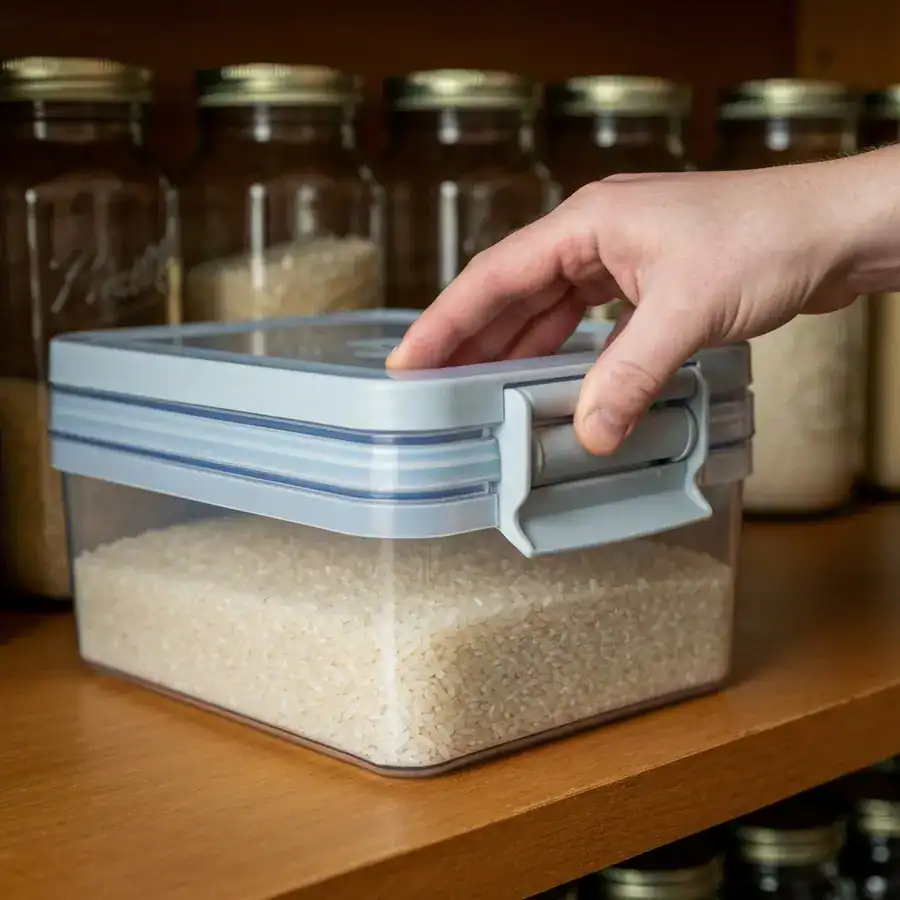 Close-up of a hand sealing an airtight container with a silicone gasket on a wooden pantry shelf.