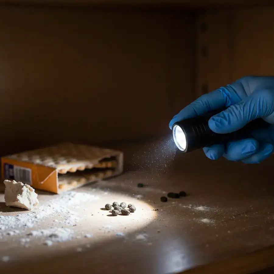Blue gloved hand pointing a flashlight at rodent droppings in the corner of a dusty wooden pantry shelf.