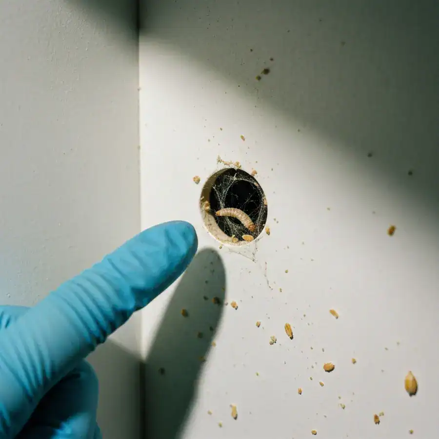 Close-up of a pantry shelf peg hole containing a small moth larva surrounded by fine grain dust and debris.