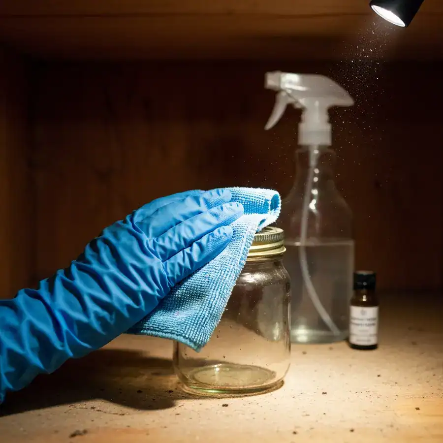 Gloved hand wiping a glass jar with a microfiber cloth inside a dusty wooden pantry under a flashlight beam.