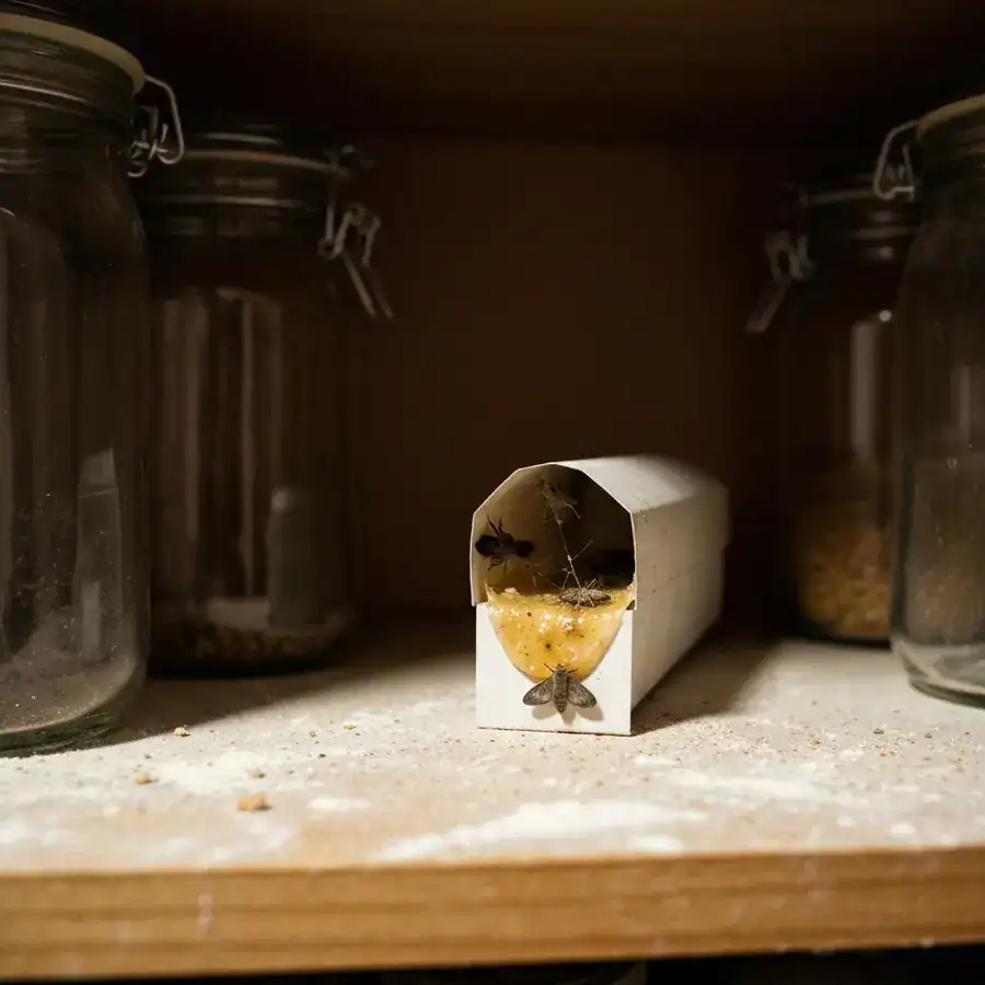 Pheromone moth trap with captured insects sitting on a dusty wooden pantry shelf near glass storage containers.