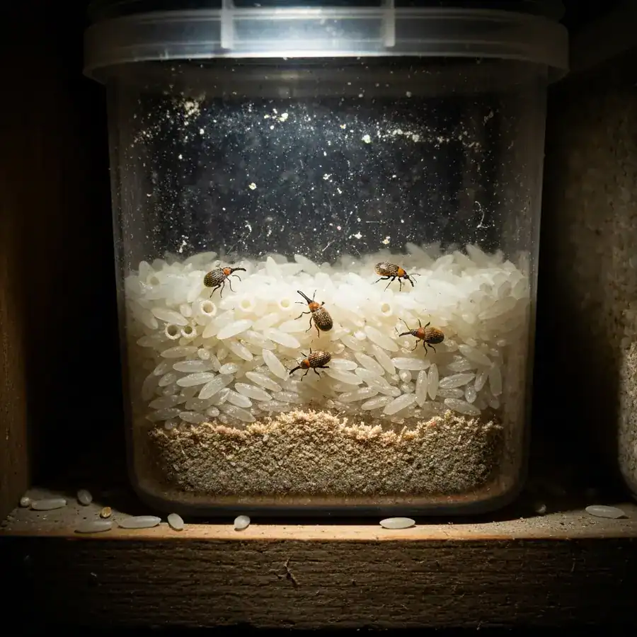 Close-up of rice weevils and sawdust-like frass inside a grain container on a dim pantry shelf.