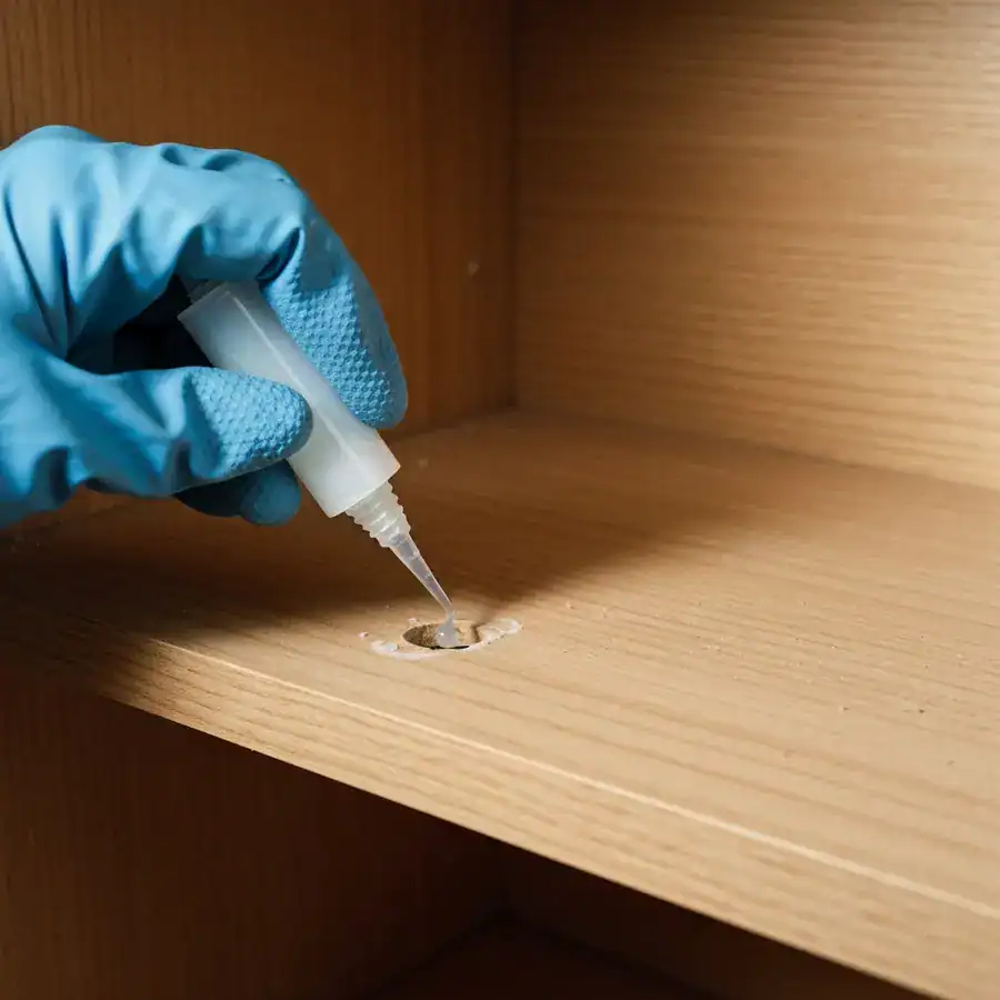 Gloved hand applying silicone caulk to seal a small shelving peg hole inside an empty wooden pantry.
