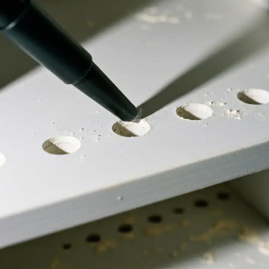 Close-up of a vacuum crevice tool suctioning debris from adjustable peg holes on an empty pantry shelf.