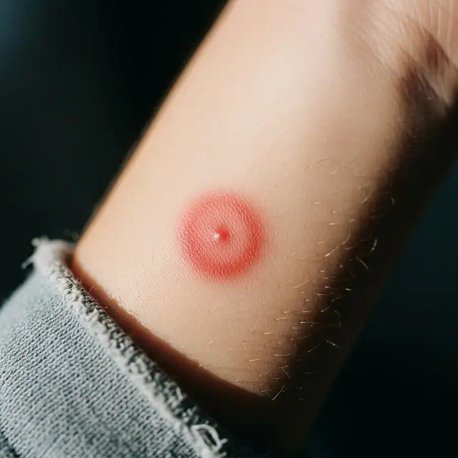 A close-up of a circular red bullseye rash on human skin, a primary symptom of a tick-borne disease.