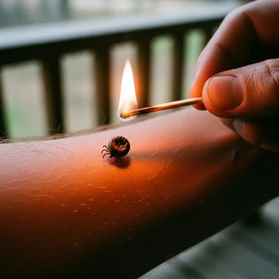 A close-up of a lit match held dangerously close to an embedded tick on a person's arm, illustrating an unsafe removal method.