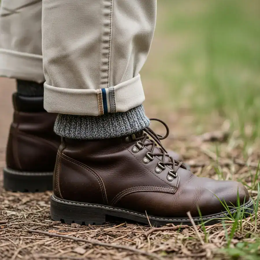 Close-up of a pant leg tucked into a sock over a hiking boot, demonstrating tick prevention in a wooded area.