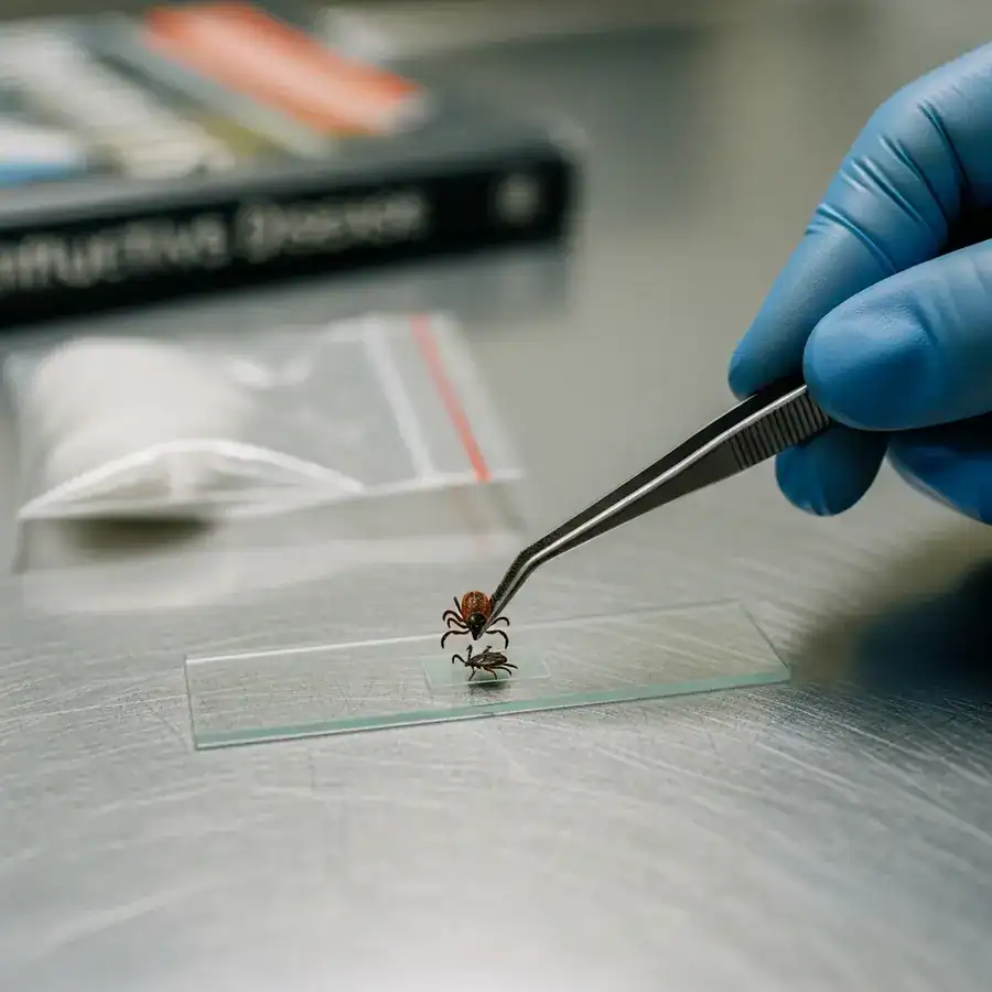 Fine-tipped tweezers place a tick specimen onto a glass slide on a clinical steel countertop for expert identification.