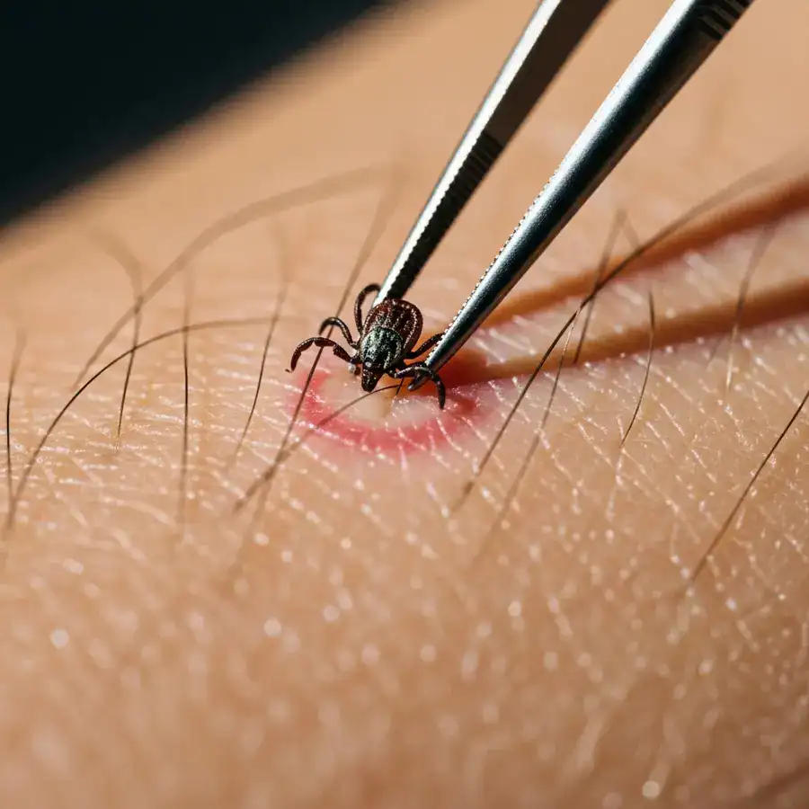 Close-up of fine-tipped tweezers grasping a tick by its head at the skin's surface, demonstrating the proper removal technique.