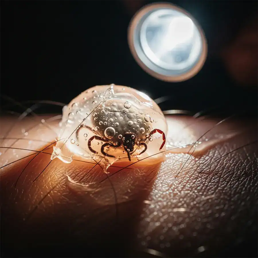 A close-up of a tick embedded in skin, incorrectly covered with a thick glob of petroleum jelly to show an unsafe removal method.