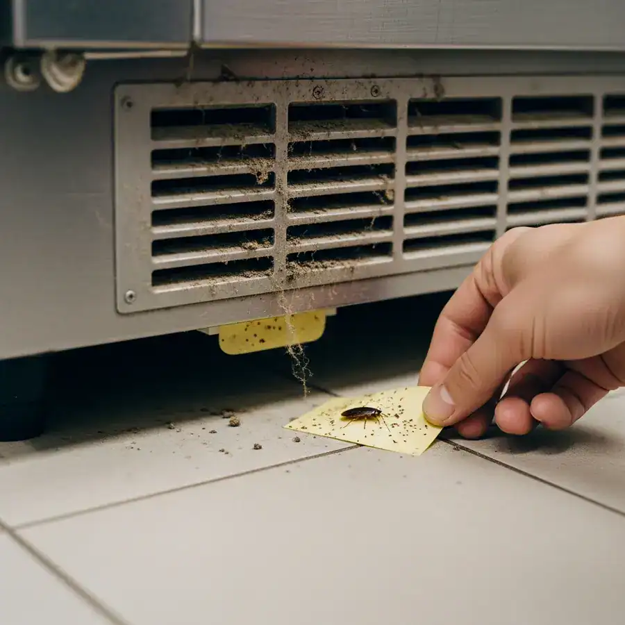 Close-up of aerosol straw spraying into crack. Evidence of food crumbs and dust in dark space.

A technician kneeling, shining a flashlight under a kitchen sink, inspecting for roach hotspots. The flashlight beam reveals damp particleboard, corroded pipes, and spiderwebs. Documentary-style handheld shot on 35mm film, f/2.8, organic film grain, sharp focus on the flashlight beam and surrounding textures. Soft, cold light from a nearby basement window.