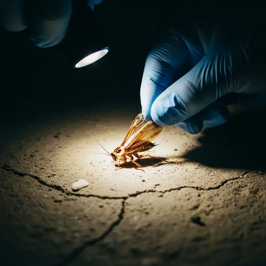 Close-up of crinkled-wing cockroach nymph held by gloved hand, illuminated on dusty basement floor.
