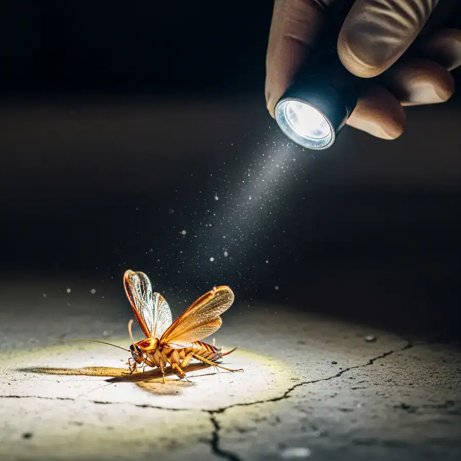 Close-up of deformed cockroach wings; flashlight illuminates cracked basement, possible IGR treatment aftermath.