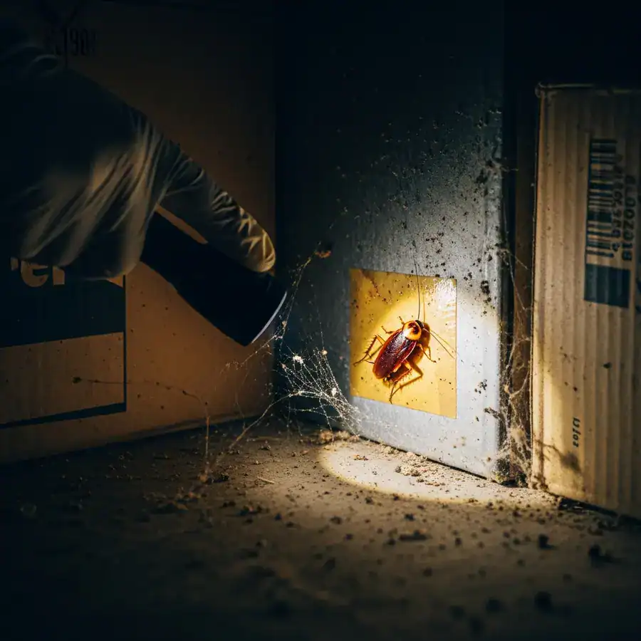 Close-up of a Gentrol disk being placed in a dusty basement corner with discarded cardboard.

A technician's hand spraying IGR into a dark crack along a baseboard. The surrounding wall is peeling and shows signs of water damage. Documentary-style handheld shot on 35mm film. Aperture f/2.8. Slight organic film grain. Sharp focus on the crack and spray. Soft, cold light from a nearby basement window.