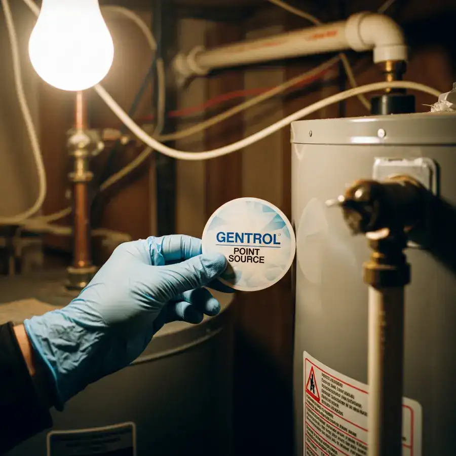 Close-up of Gentrol Point Source being placed under a sink. Damp, cluttered environment typical of a basement space.