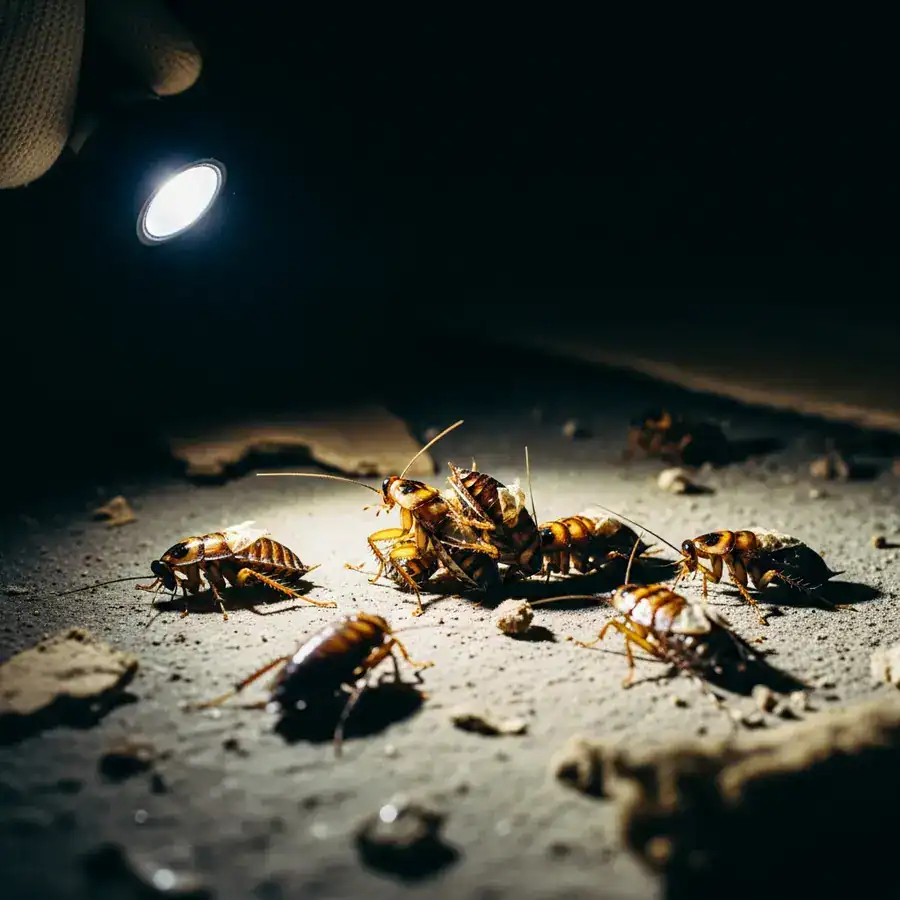 Close-up of cockroach nymphs molting abnormally under a flashlight beam in a cluttered, damp basement.