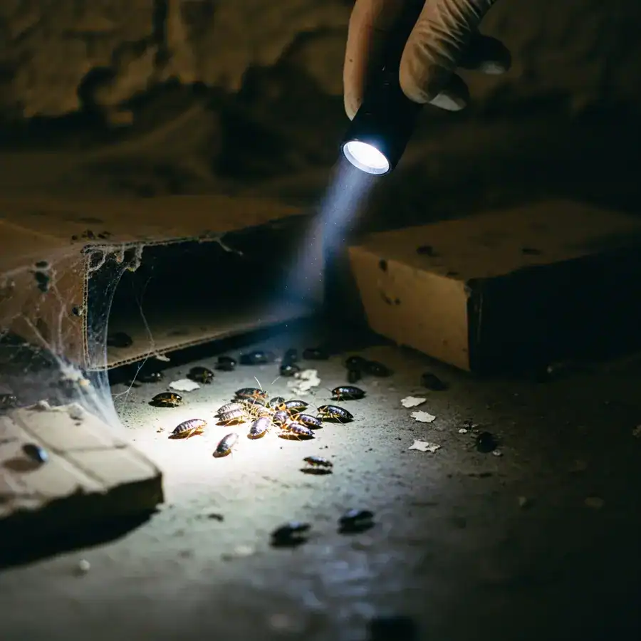 Close-up of roach nymphs illuminated by flashlight on basement floor. Cardboard boxes and cobwebs surround them.