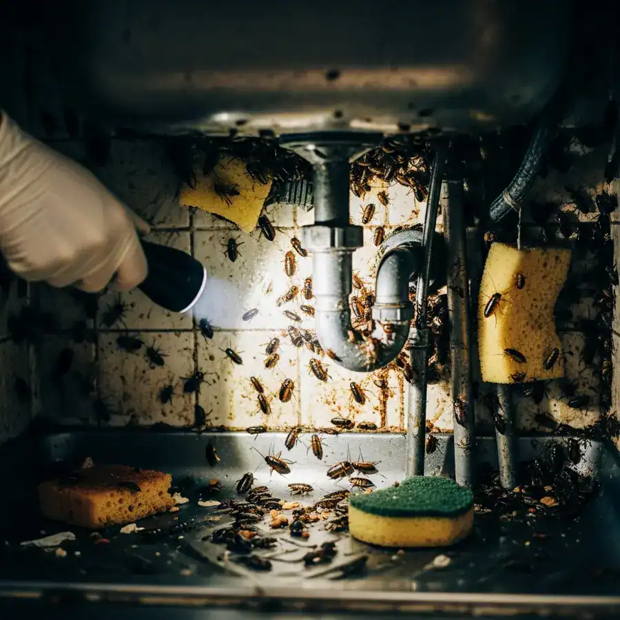 Close-up of nymphs scurrying behind sink; flashlight reveals heavy infestation in unsanitary kitchen environment.