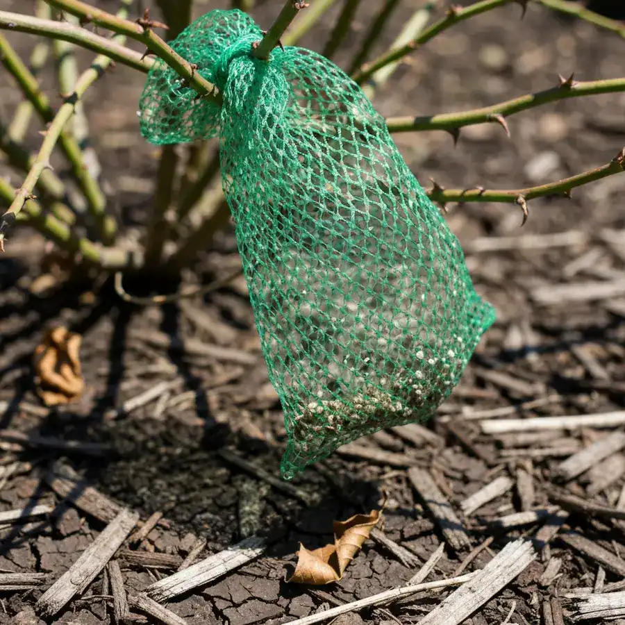 Close-up of an empty mesh insect bag snagged on dry garden twigs over parched, dark brown mulch.
