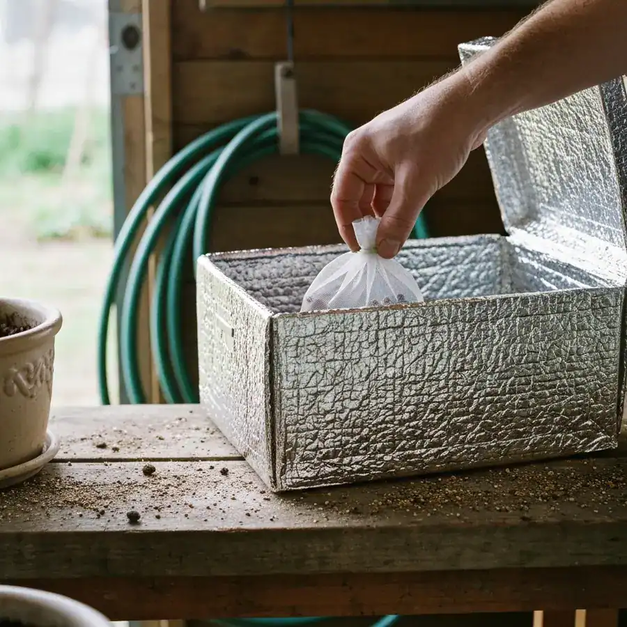 Close-up of a hand retrieving a mesh insect pouch from an insulated silver shipping box on a weathered potting bench.