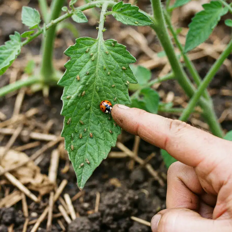 Close-up of a native ladybug on an aphid-infested leaf being inspected by a gardener in a natural outdoor garden.