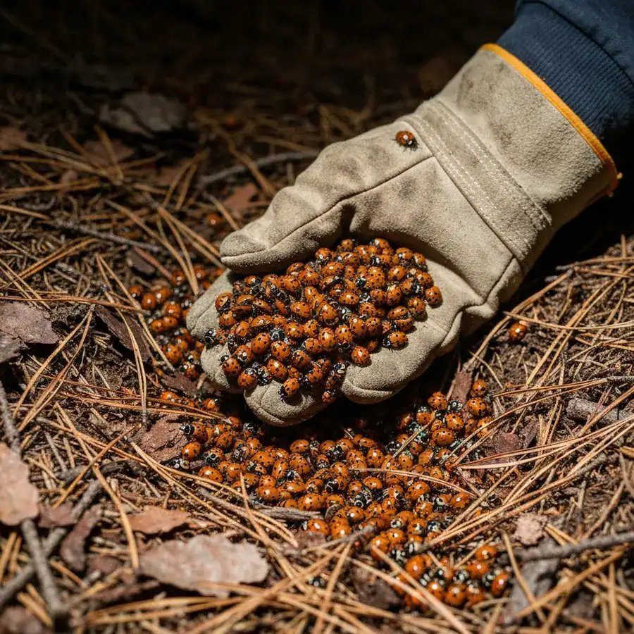 Gloved hand scooping clusters of dormant ladybugs from a bed of pine needles on a dark mountain forest floor.