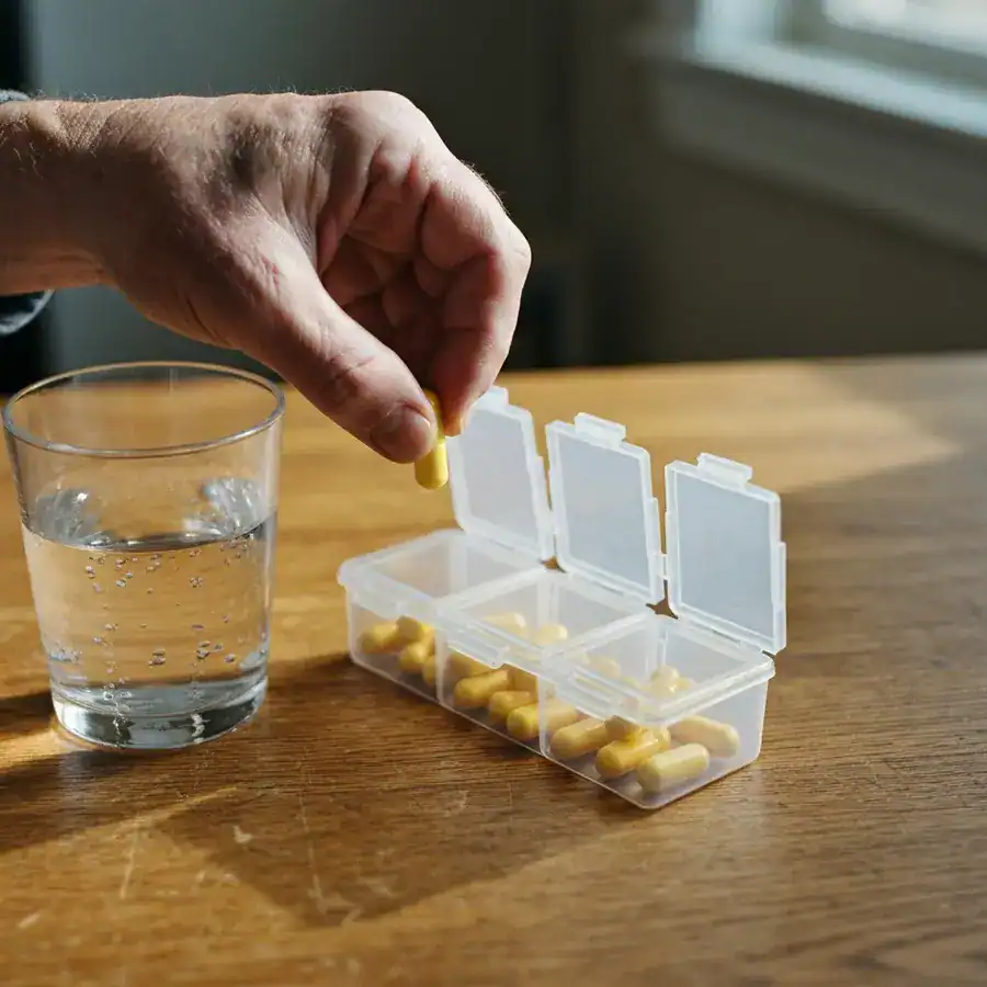 Weathered hands placing antibiotic capsules into a weekly pill organizer on a rustic wooden kitchen table.